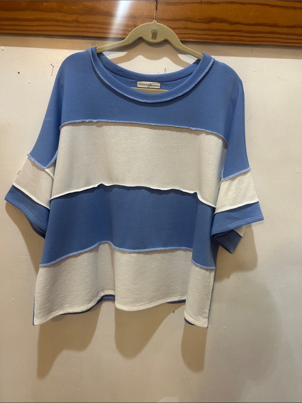 Zenana Outfitters Blue and White Boxy Short Sleeve Top